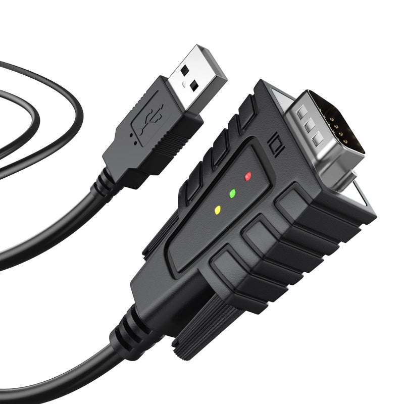 DriverGenius USB232A-B-A | USB to Serial RS232 DB9 Adapter Cable with 3 x LED Indicators â€“ Compatible with Windows 11, macOS 15, Linux (3FT, Male/Male) - Image 1